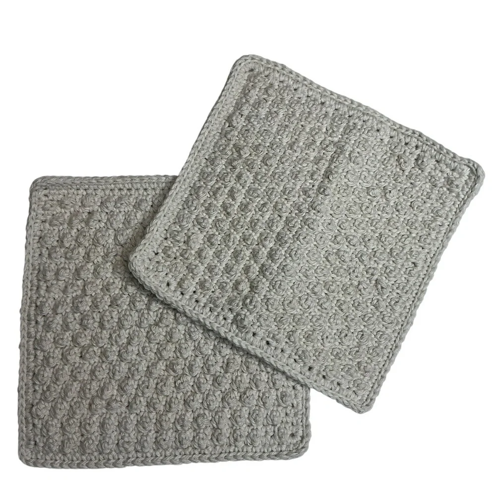 Pair of Crochet Dotty Dishcloth Washcloths Cream Cotton Handcrafted‎ Handmade